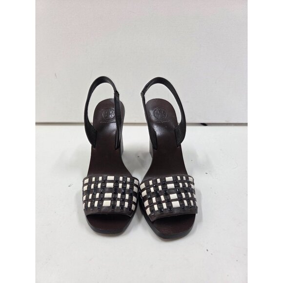 Tory Burch Emori Leather Open Toe Wooden Block Heel Slingback Size 6.5 - Picture 2 of 10